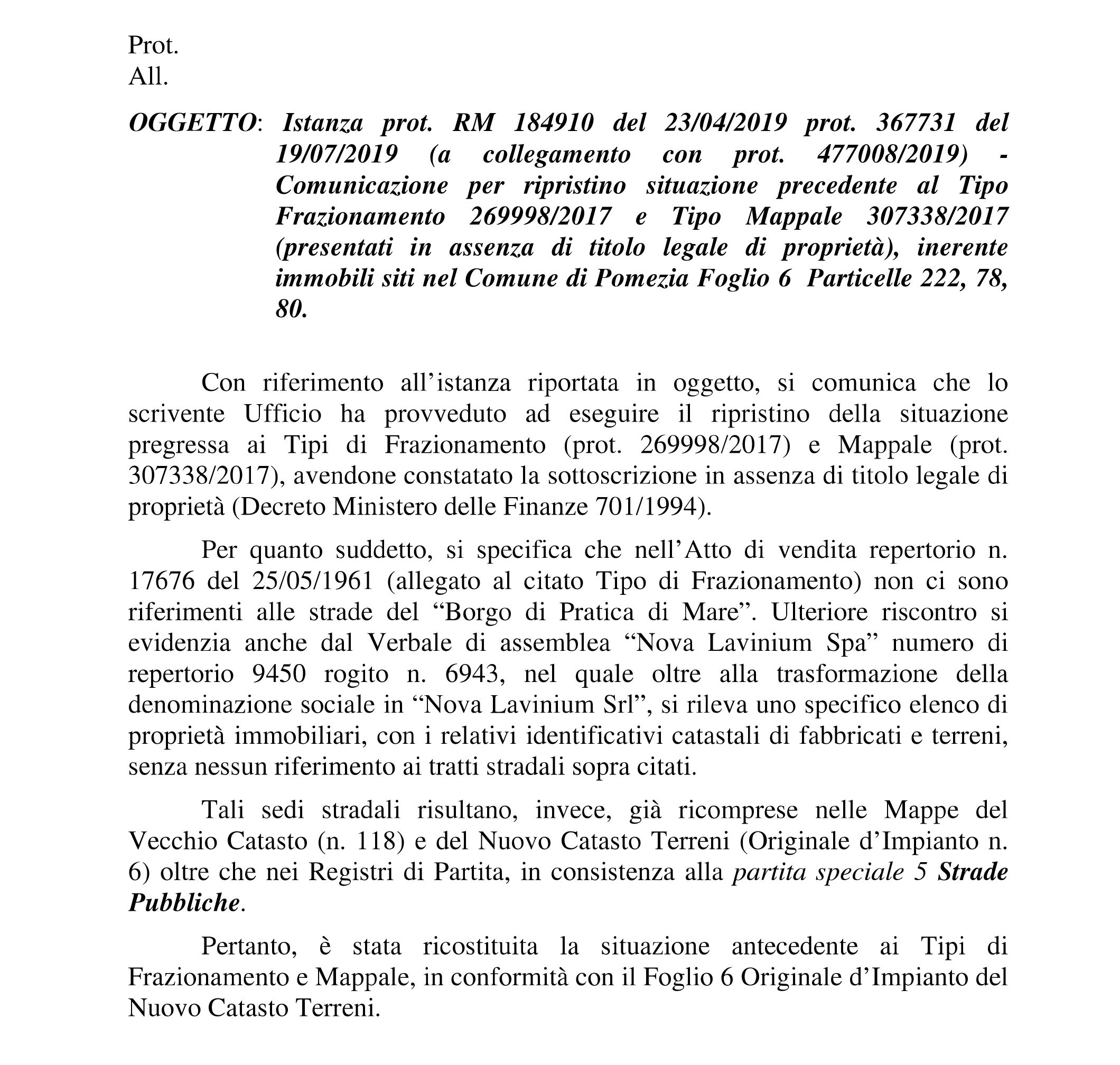 La lettera di risposta del Catasto sulle strade del Borgo