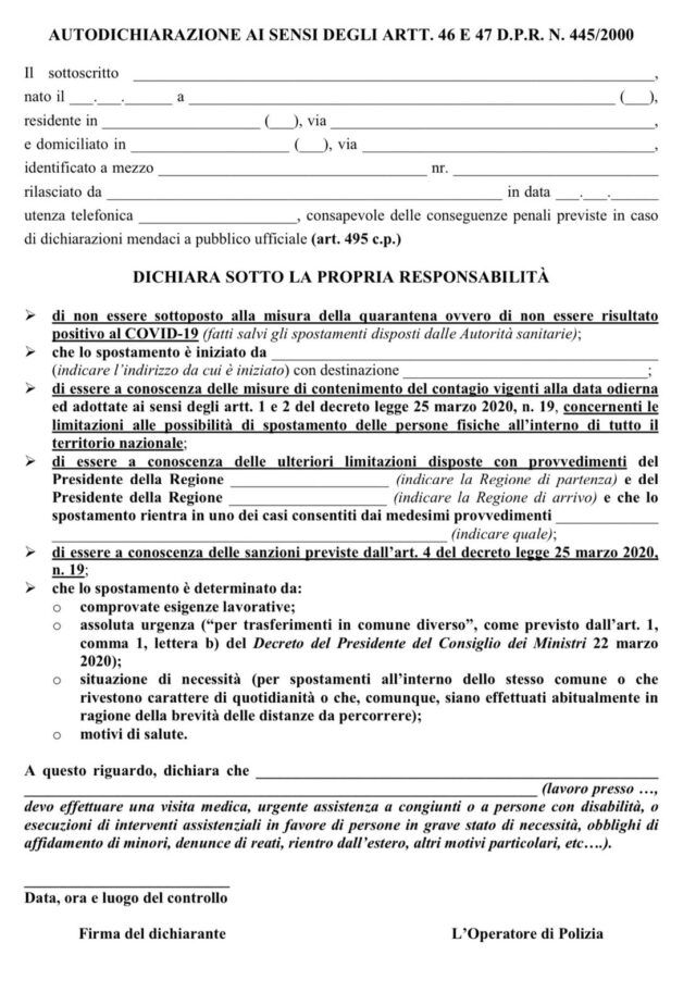 autodichiarazione Coronavirus