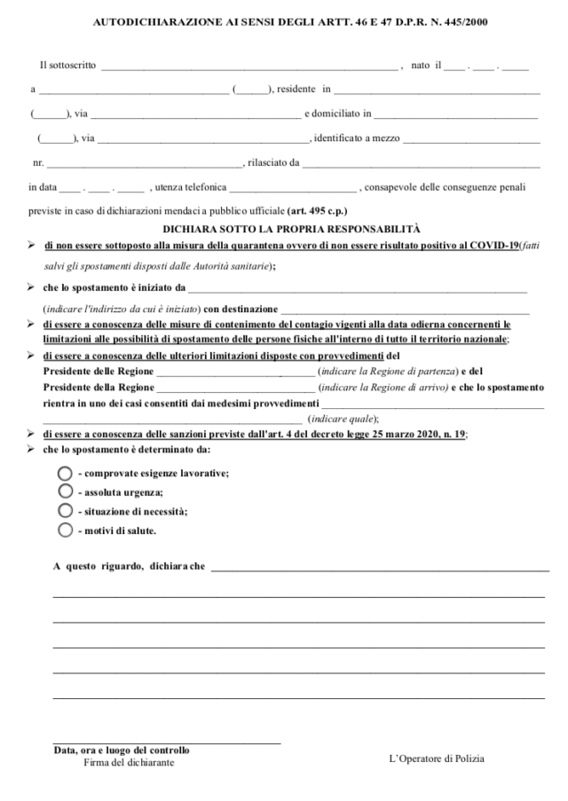 autocertificazione spostamento tra regioni