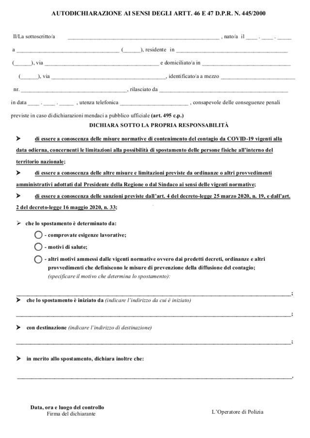 Autocertificazione Pasqua e Pasquetta 2021 il modulo PDF da stampare
