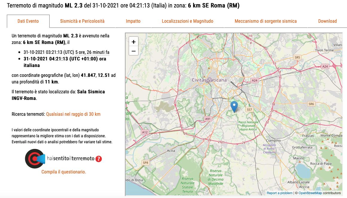 Terremoto a Roma oggi 31 ottobre