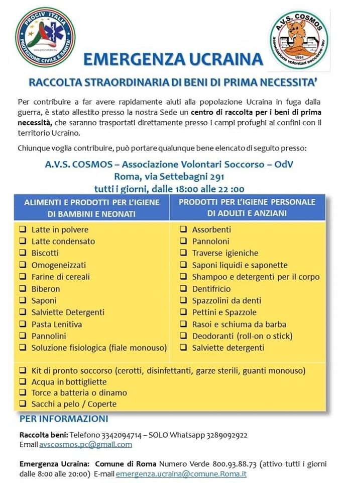 Raccolta beni di prima necessità: i volontari della AVS Cosmos si muovono per l'Ucraina