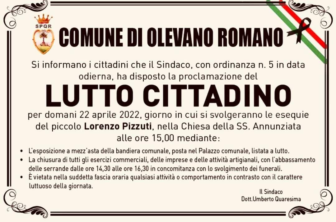 Il manifesto del lutto cittadino a Olevano Romano per il piccolo Lorenzo Pizzuti