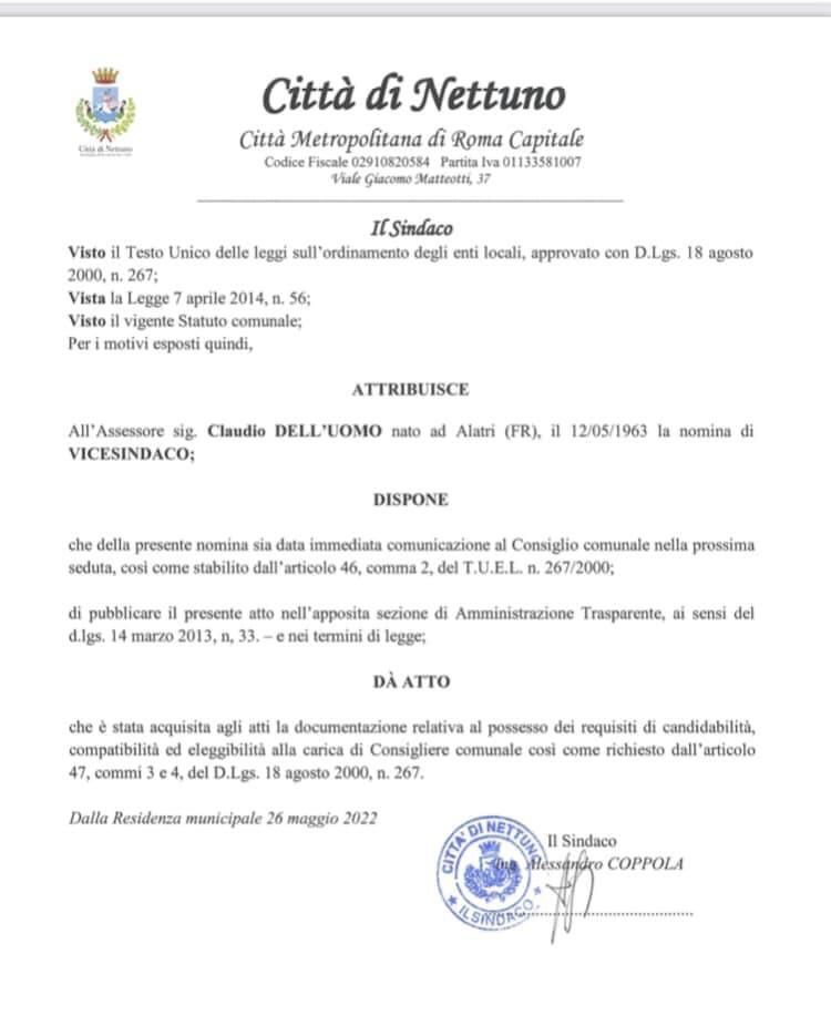 dimissioni sindaco di Nettuno Alessandro Coppola