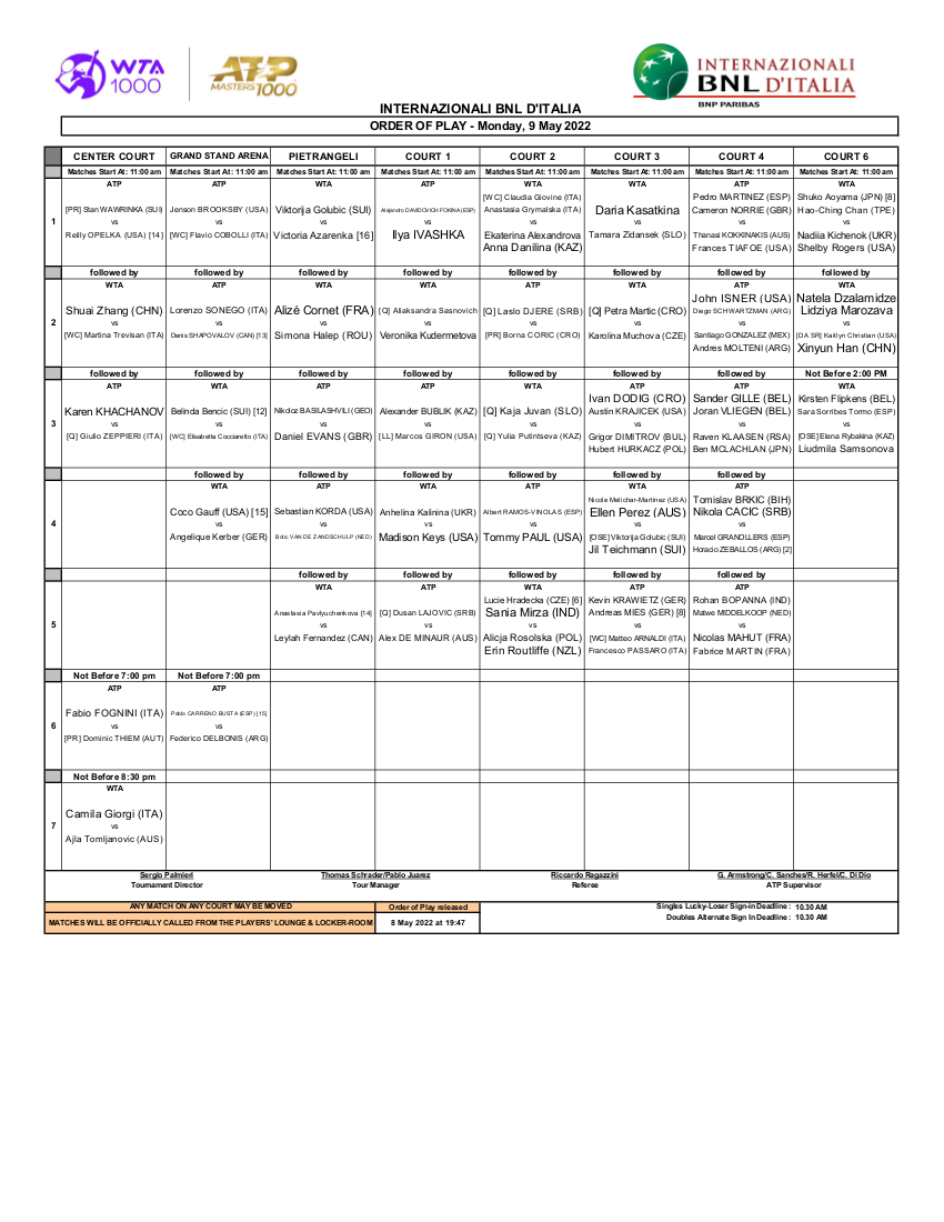 Programma 9 maggio internazionali tennis Roma