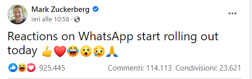 Post di Zuckemberg su Facebook per annunciare la funzione reazione su whatsapp