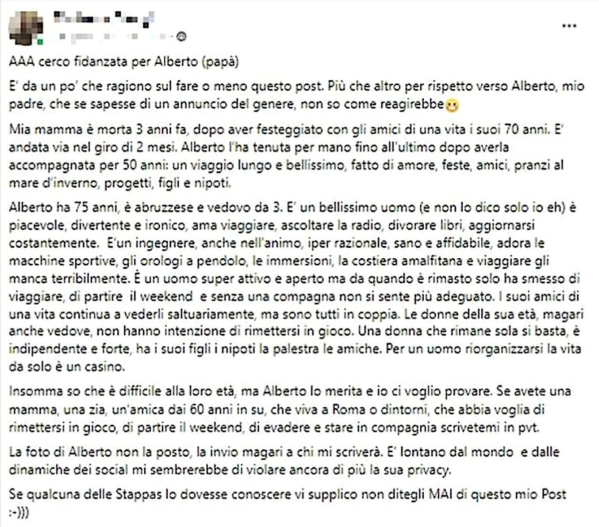 L'appello di Marianna per cercare una fidanzata al padre Alberto