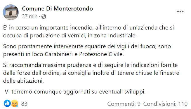 La comunicazione del Comune di Monterotondo sull'incendio