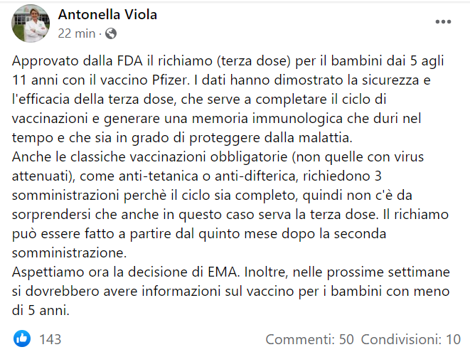 Il post di Antonella Viola sull'approvazione della terza dose per i bimbi