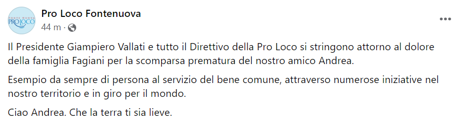 Il messaggio della Proloco di Fonte Nuova per Andrea Fagiani