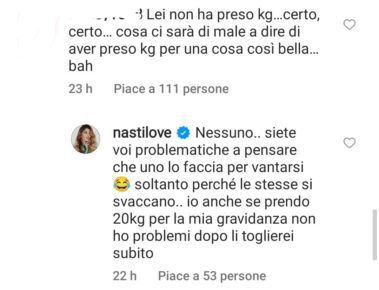 Il commento di Chiara Nasti a un followers