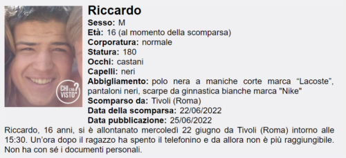 Gli elementi per rintracciare Riccardo scomparso da Tivoli