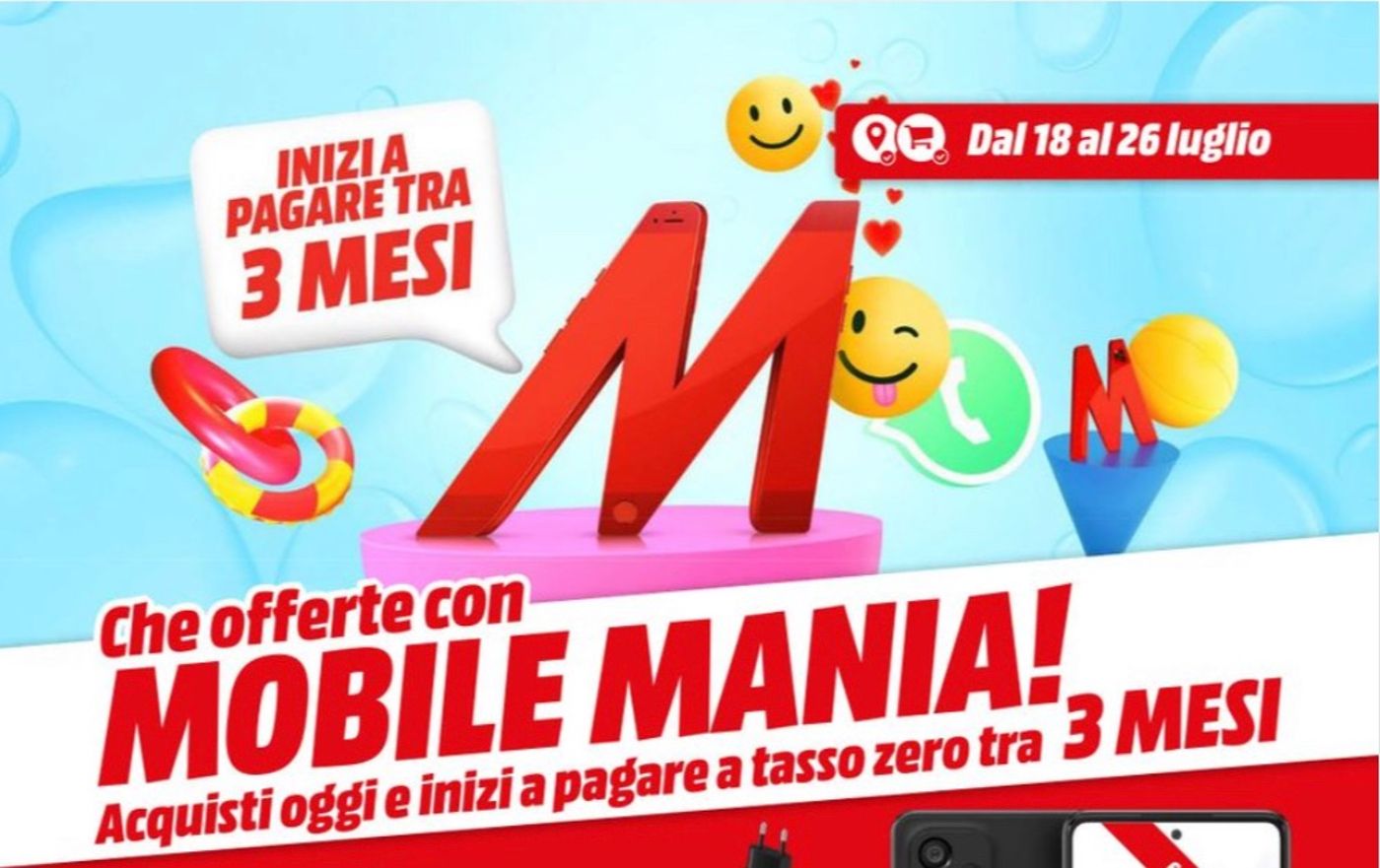 Copertina volantino MediaWorld con le offerte mobile Mania luglio 2022