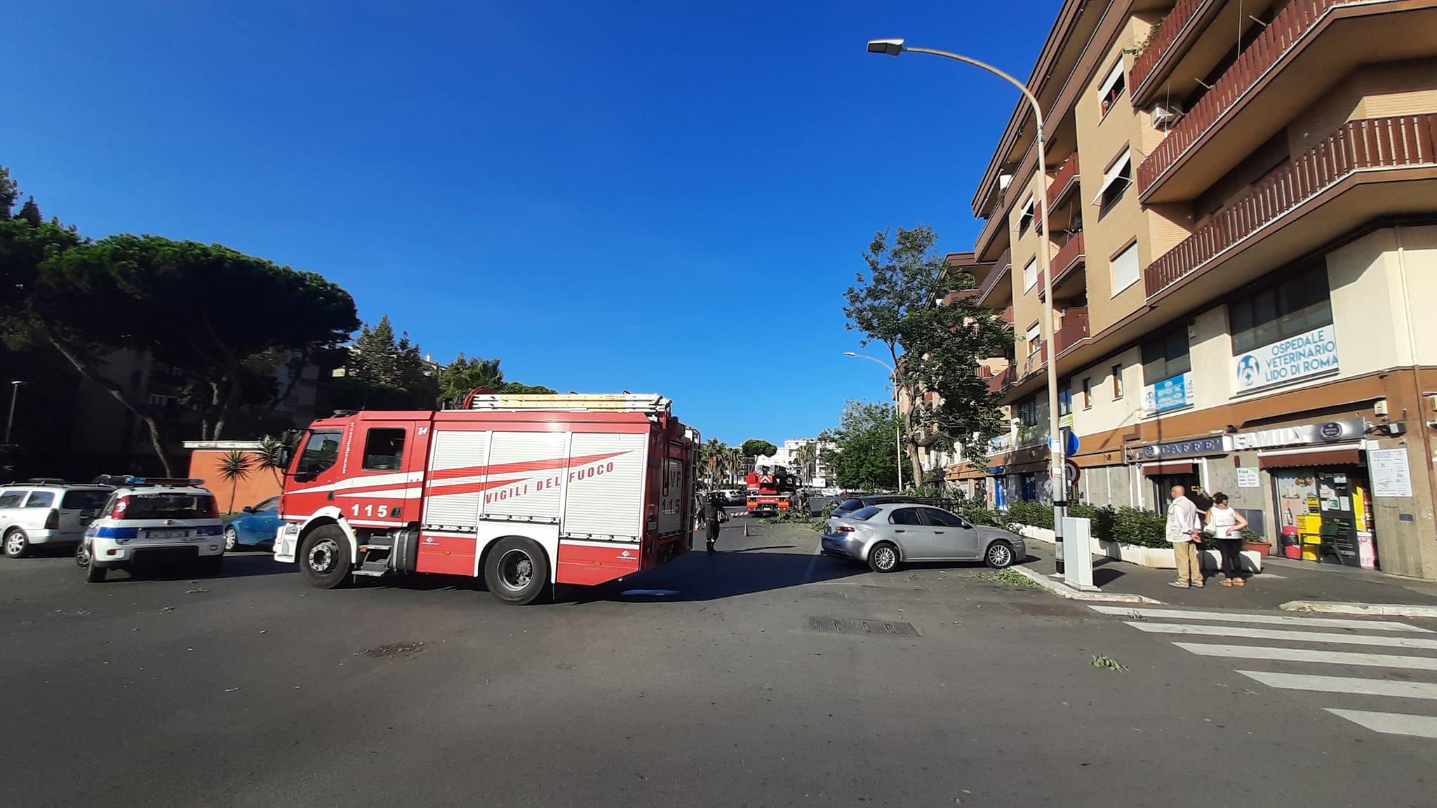 Ramo caduto su auto in sosta ad ostia intervento dei Vigili del Fuoco e della Polizia Locale