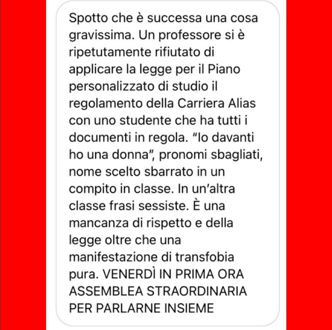 Screen del post su Instagram del Liceo