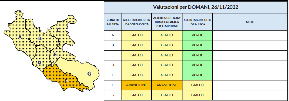 Allerta meteo sabato 26 novembre 2022