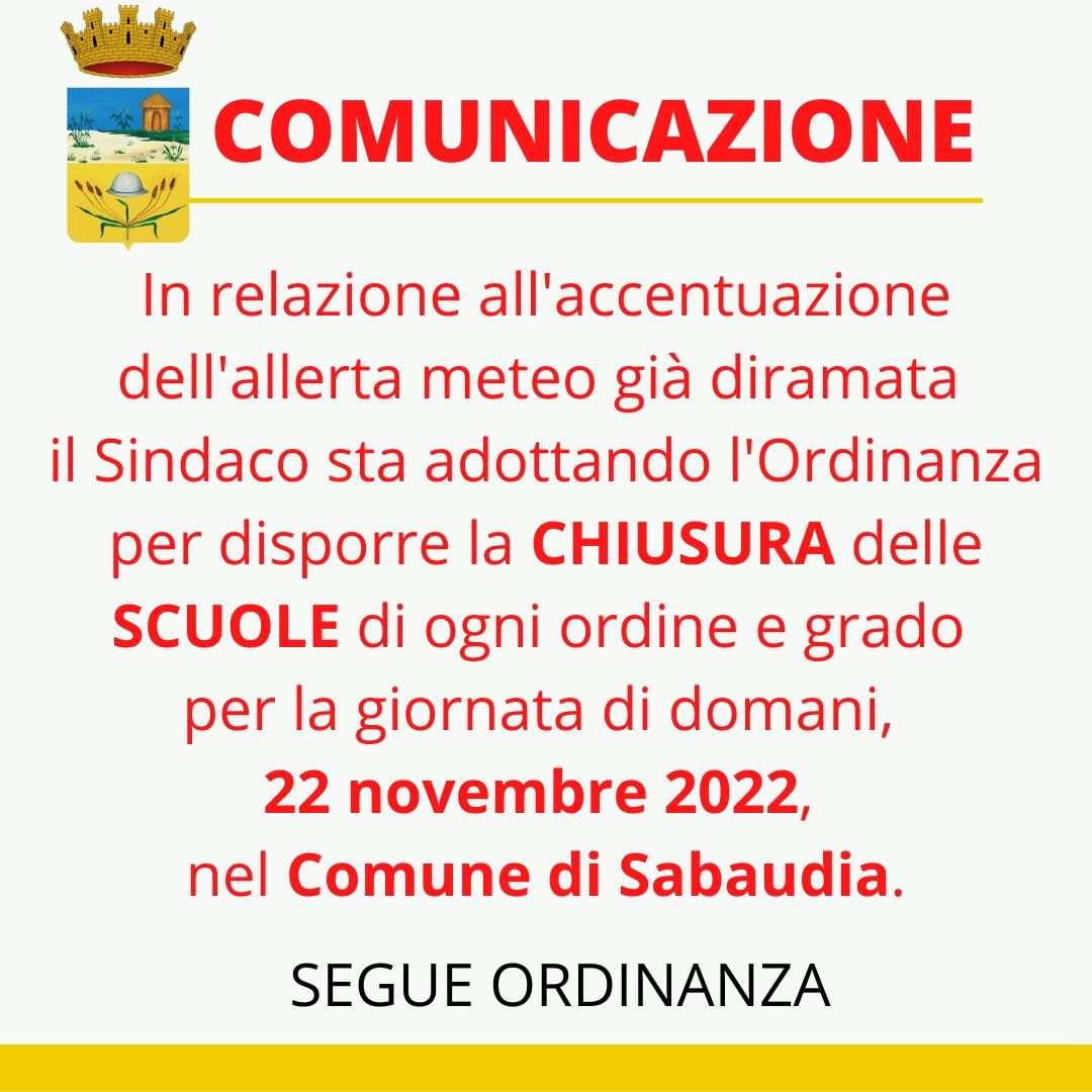 Ordinanza comune Sabaudia scuole chiuse