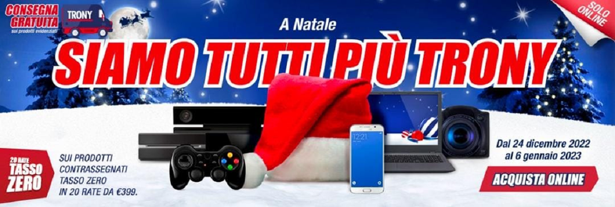 Da Trony è possibile approfittare di tutta una serie di sconti che fanno parte della promozione "A Natale siamo tutti più Trony". I dettagli.