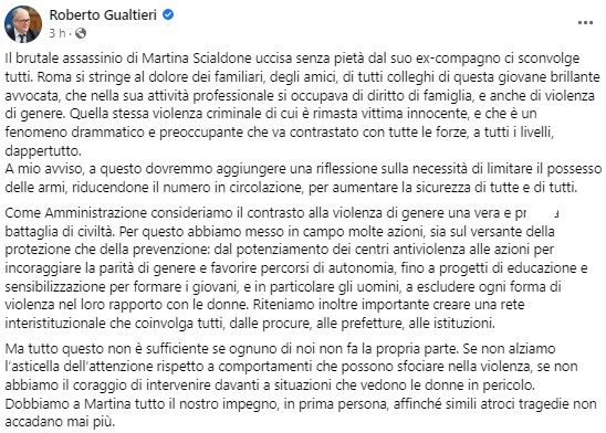 Gualtieri esprime le condoglianze per Martina Scialdone