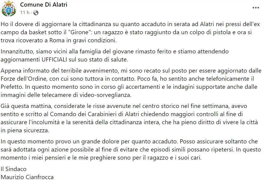 Post del Sindaco di Alatri