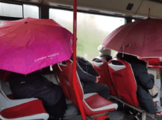 ombrelli aperti sull'autobus