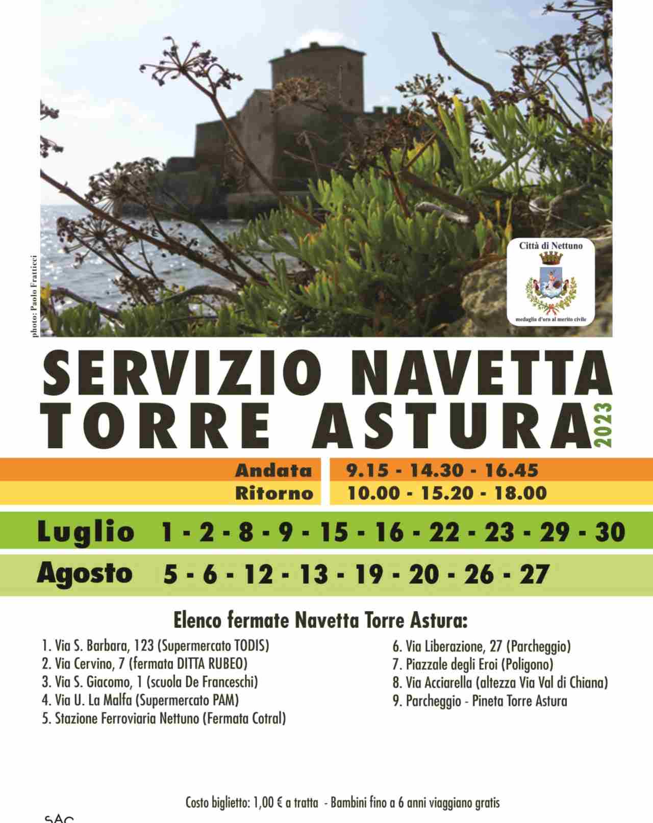 Locandina orari bus navetta torre astura 2023