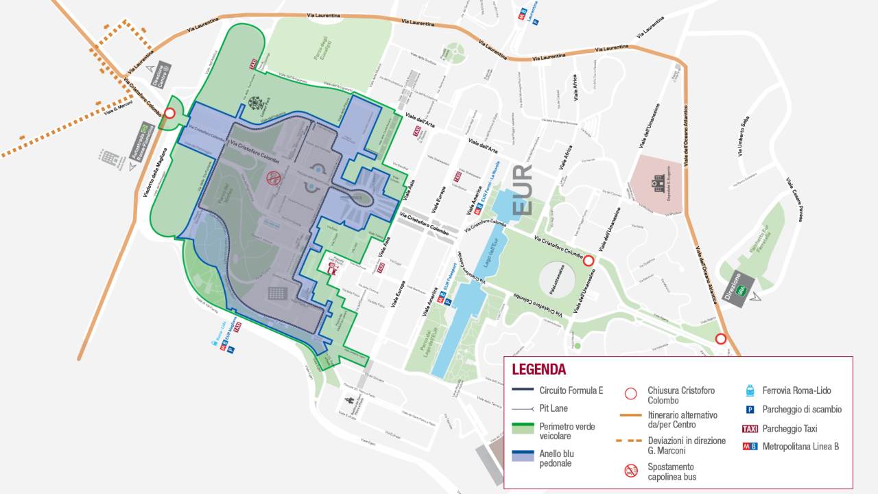 Mappa chiusure Eur per la Formula E a Roma