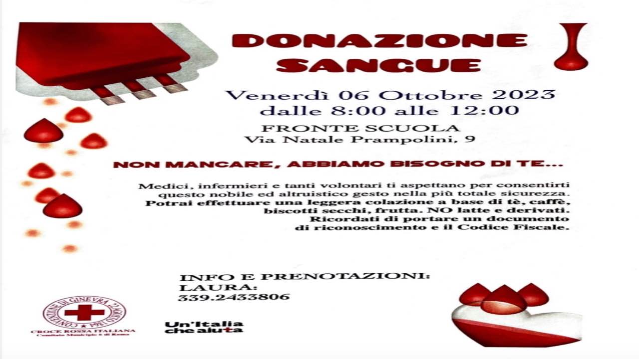 A Roma, nel quartiere Nuova Ponte di Nona si effettuerà una donazione di sangue il prossimo 6 ottobre 2023 di fronte alla scuola Prampolini