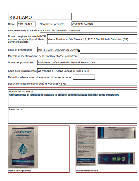 Documento Ministero Salute per richiamare prodotti Alka Water