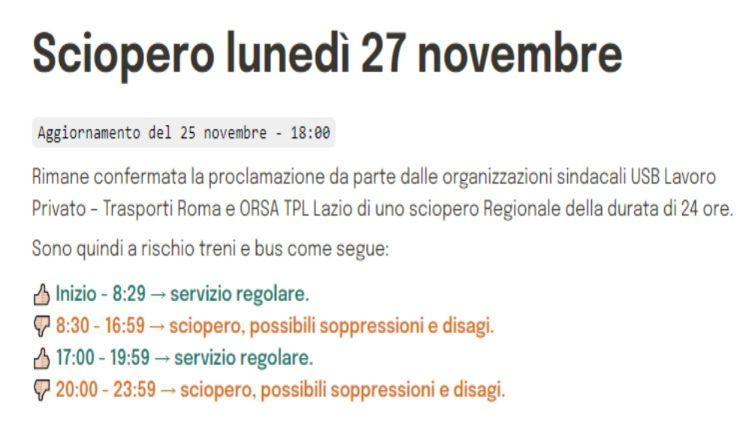 Sciopero cotral lunedì 27 novembre 2023
