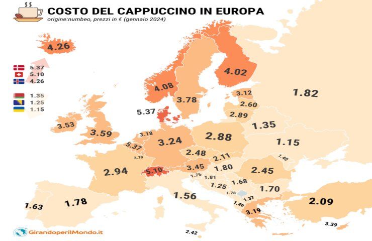 Mappa costo cappuccino europa