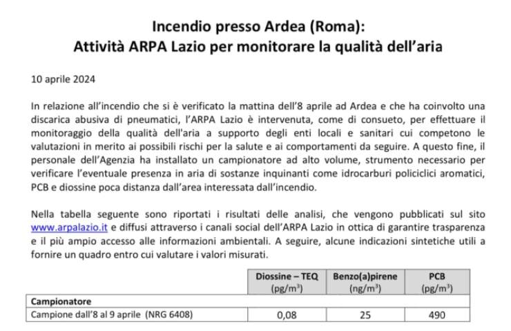 dati arpa incendio ardea