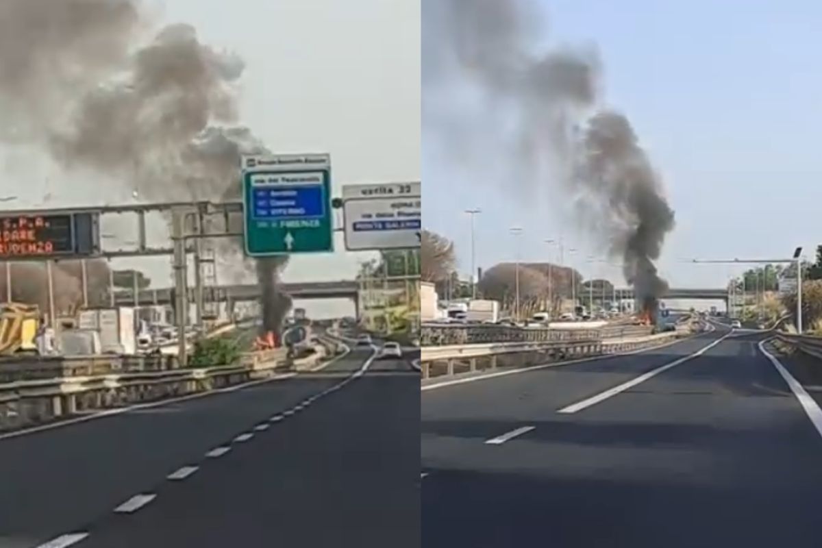 Roma, veicolo a fuoco sul GRA: traffico e code in carreggiata interna | FOTO